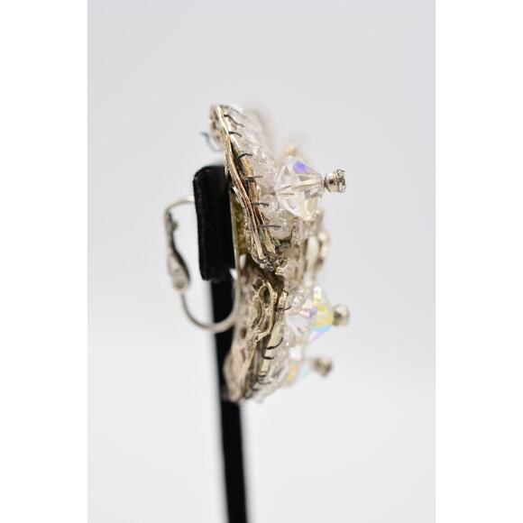 Vintage Clip Earrings Rhinestone Crystal AB Cluster Pearl Chunky 1980s BinAK - Picture 8 of 12